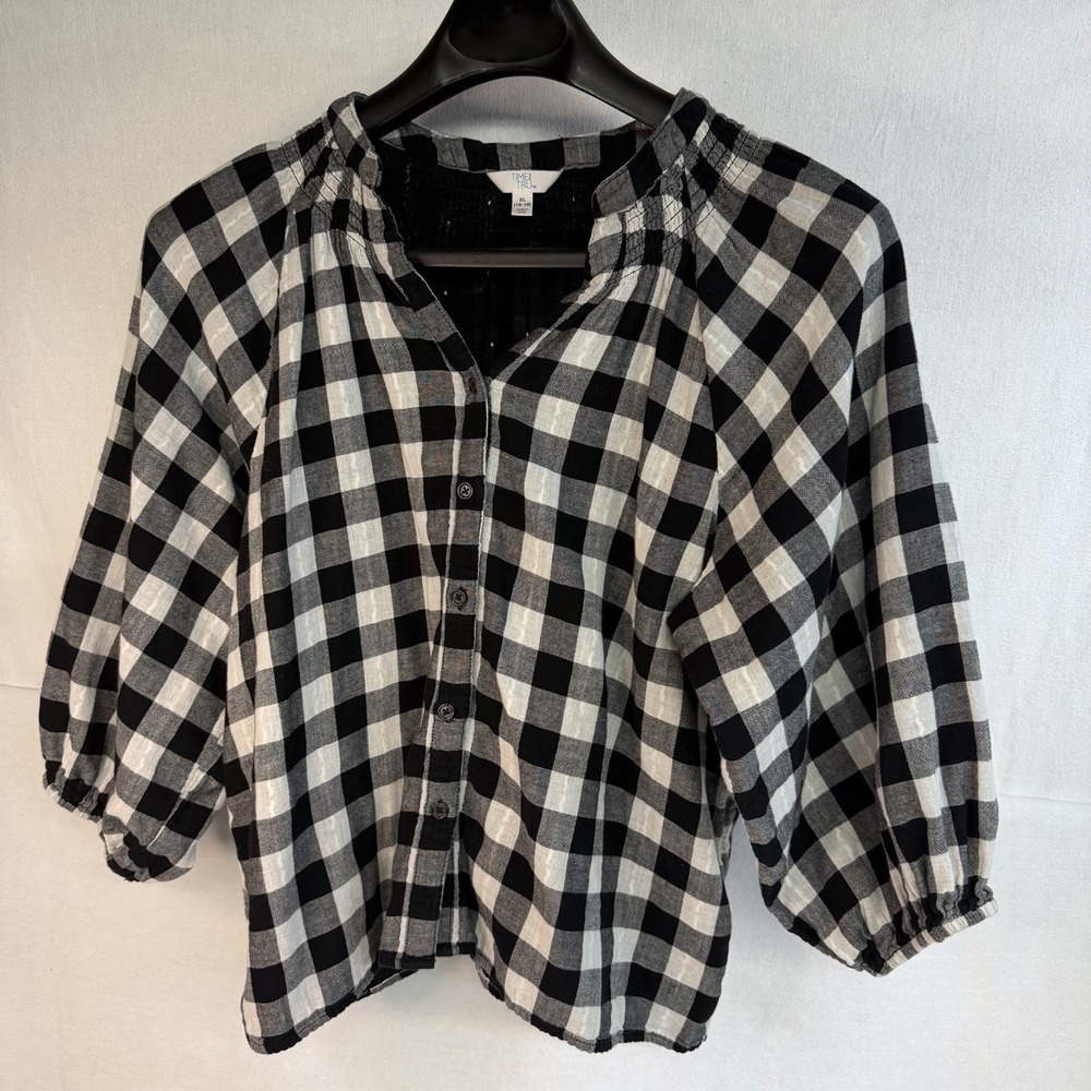 Black Buffalo Plaid Cropped 3/4 Sleeve Top Button Down XL 16/18